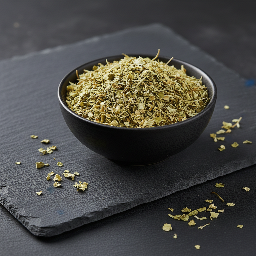 Dried Cut and Sifted Celandine in Dark Bowl on Slate