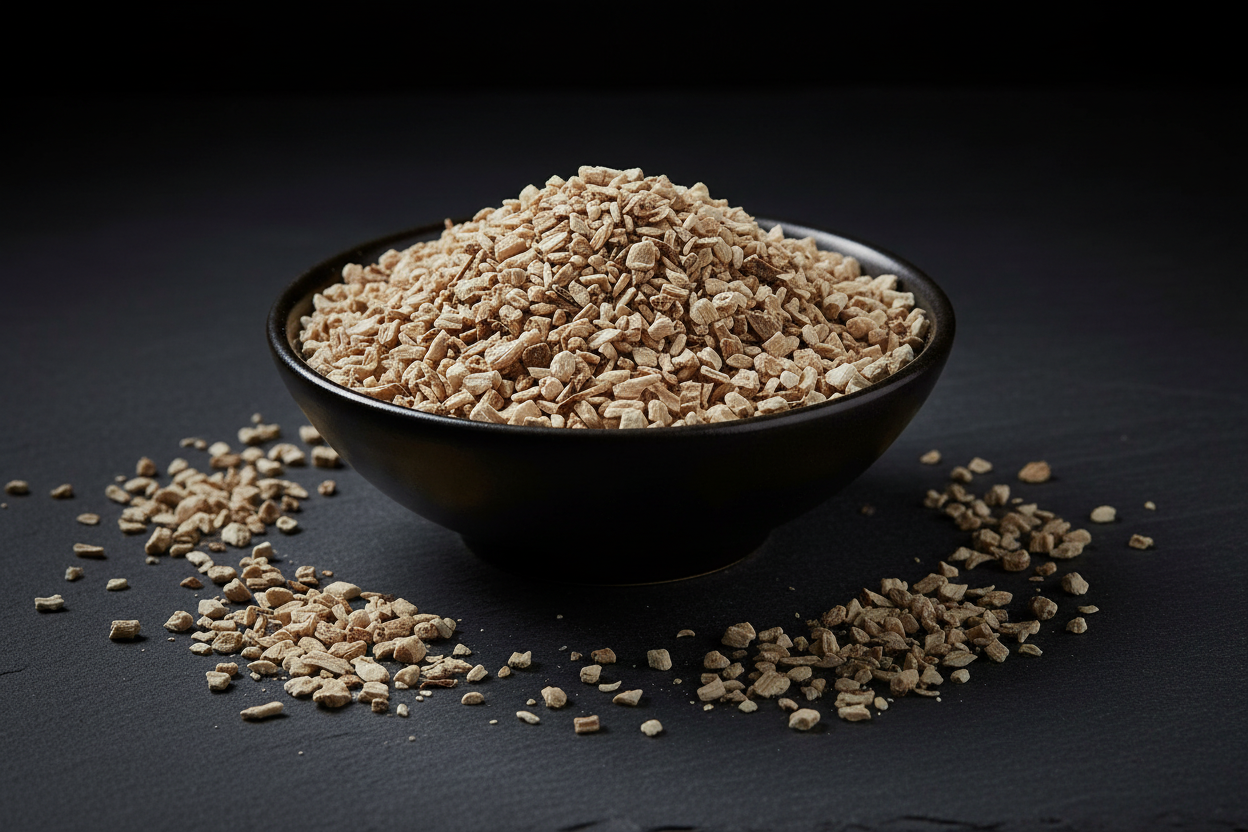 Mulched dried calamus root pieces in a dark ceramic dish on charcoal slate tiles