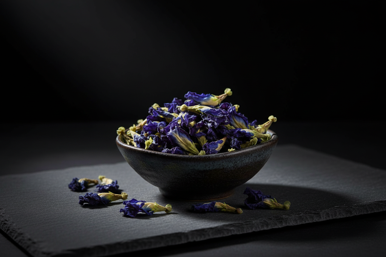 Dried blue butterfly pea flowers in a dark ceramic dish on charcoal slate tiles