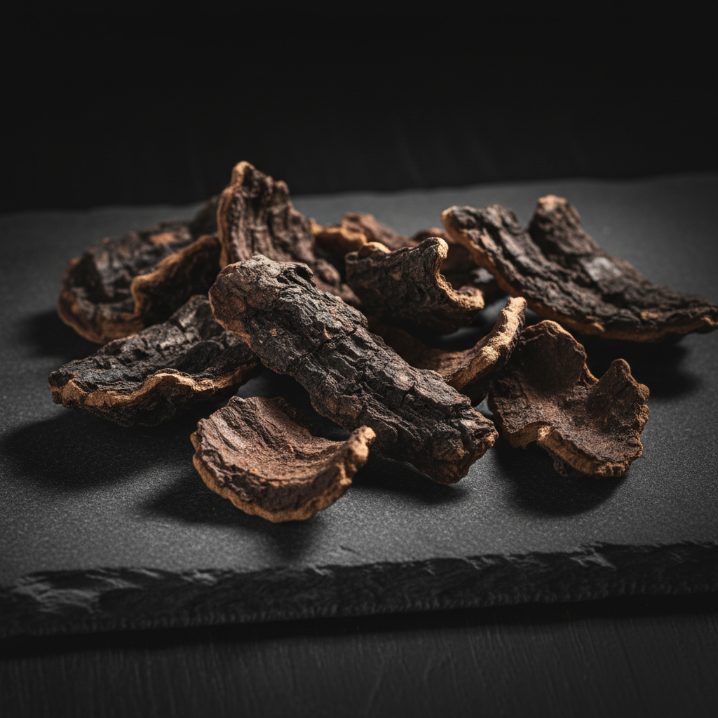 Dried black walnut bark pieces on a dark gray stone slab