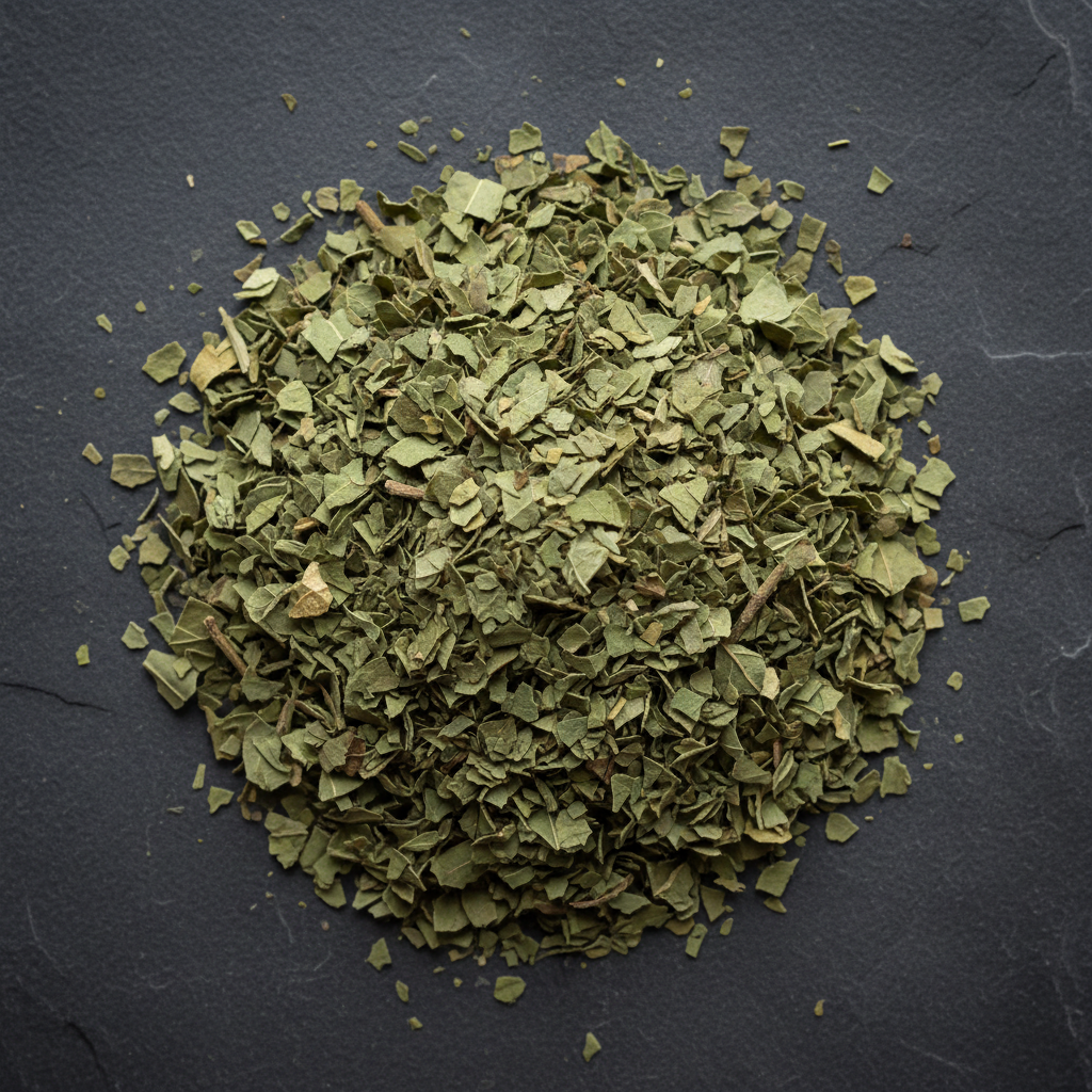 Dried boldo leaves on a dark gray slate surface