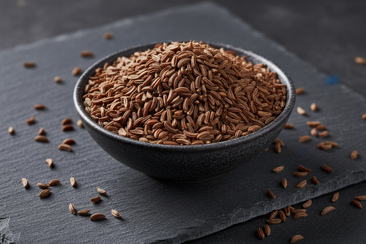 Dried caraway seeds in a dark ceramic dish on charcoal slate, moody apothecary aesthetic