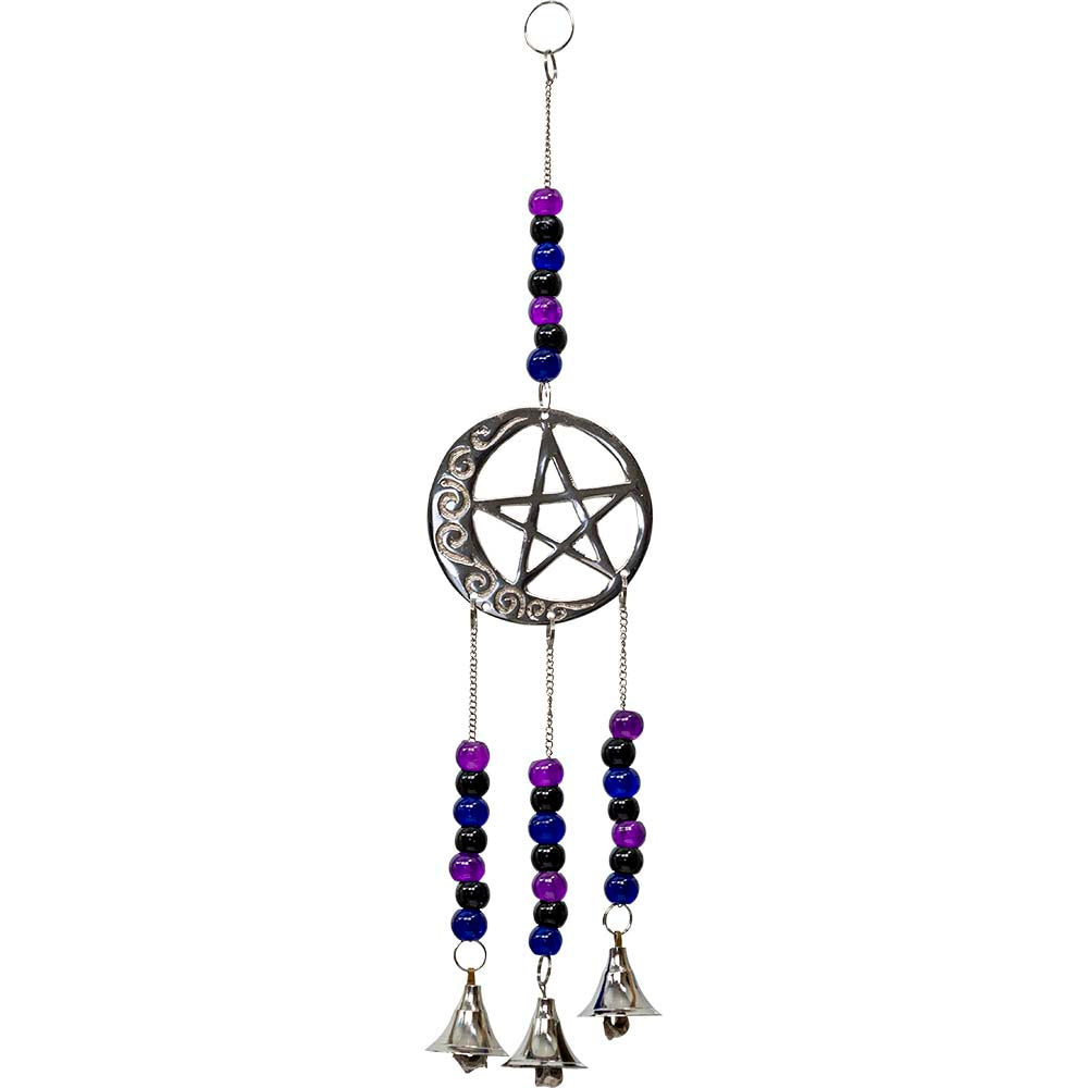 Hanging wind chime with pentacle and moon and bells