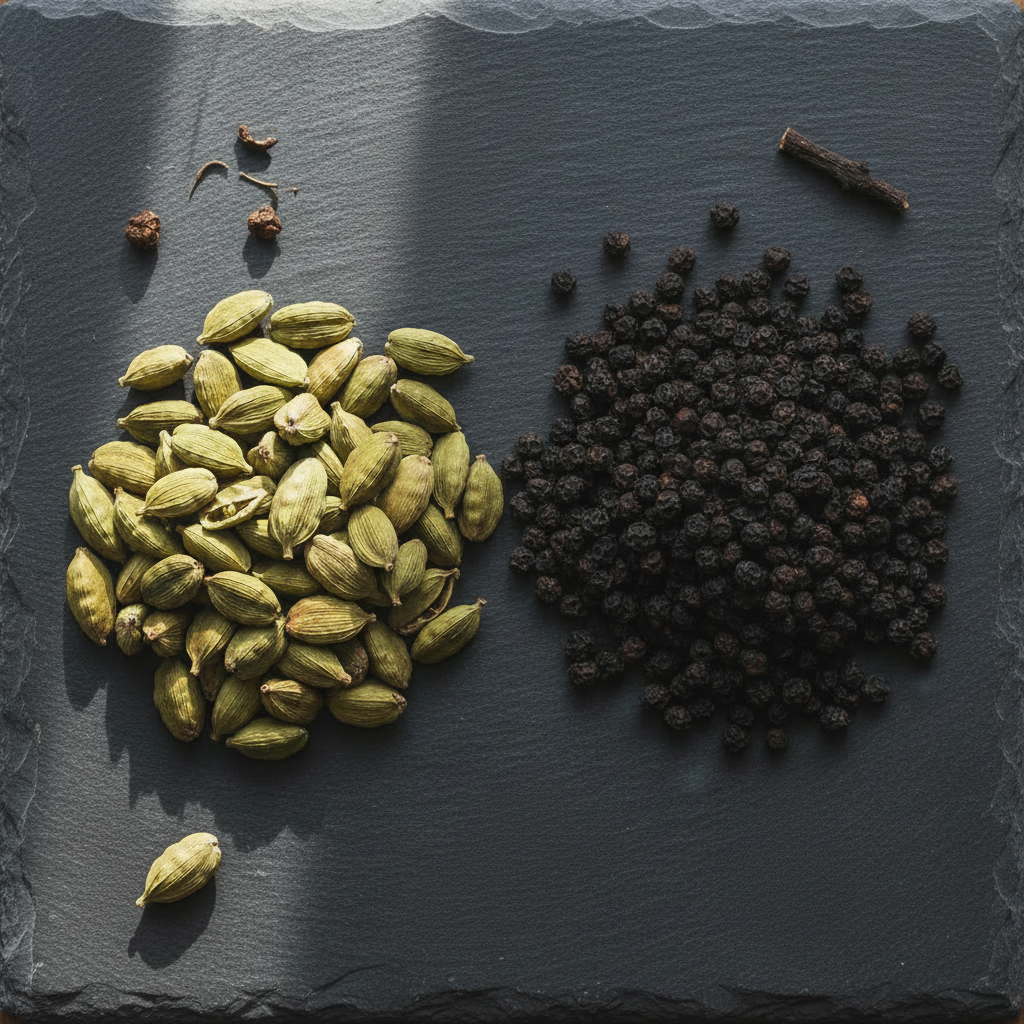 Cardamom pods and seeds on dark gray tile, no symbols