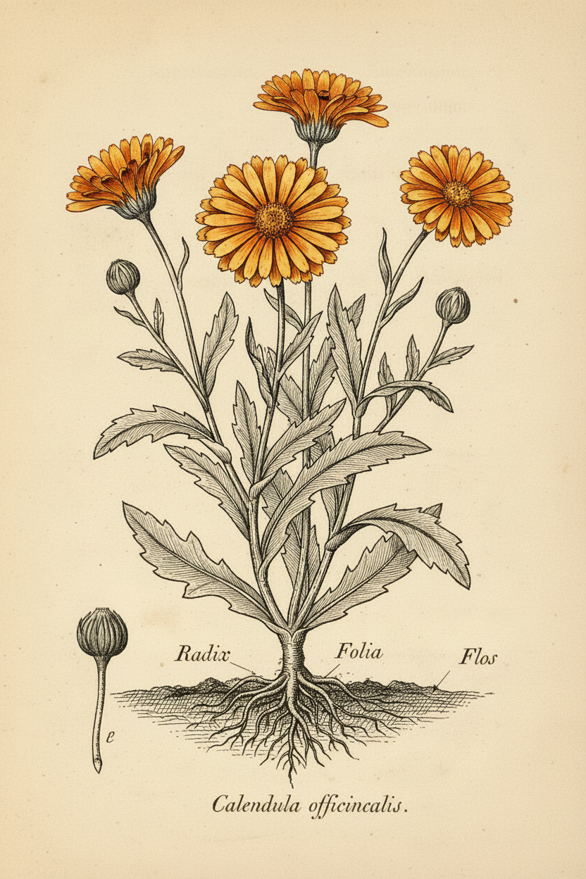 Hand-Coloured Botanical Illustration of Calendula