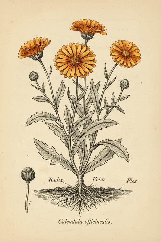 Hand-Coloured Botanical Illustration of Calendula
