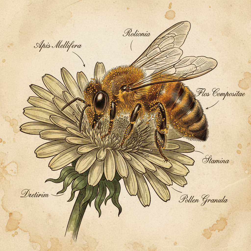 Vintage botanical illustration of a honeybee covered in pollen