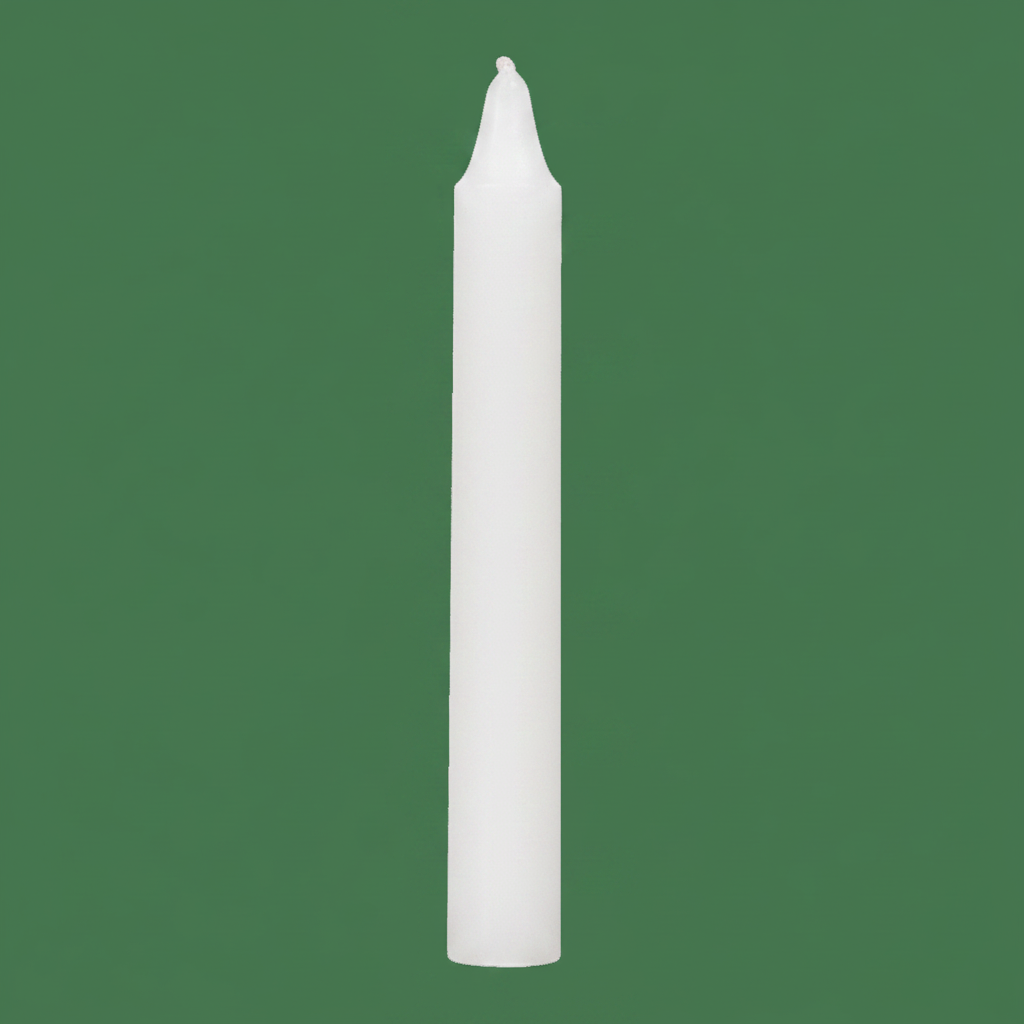 White chime candle on forest green background