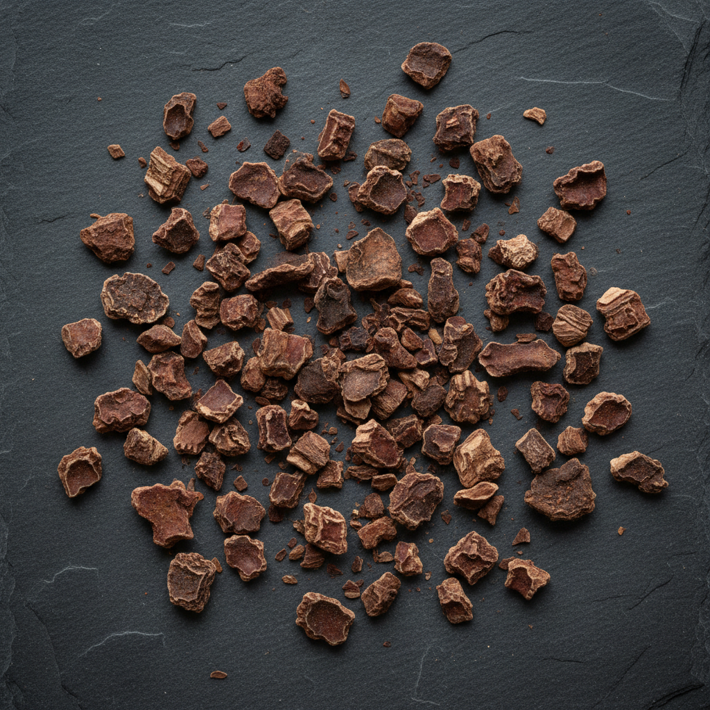 Dried buckthorn bark on a dark gray slate surface