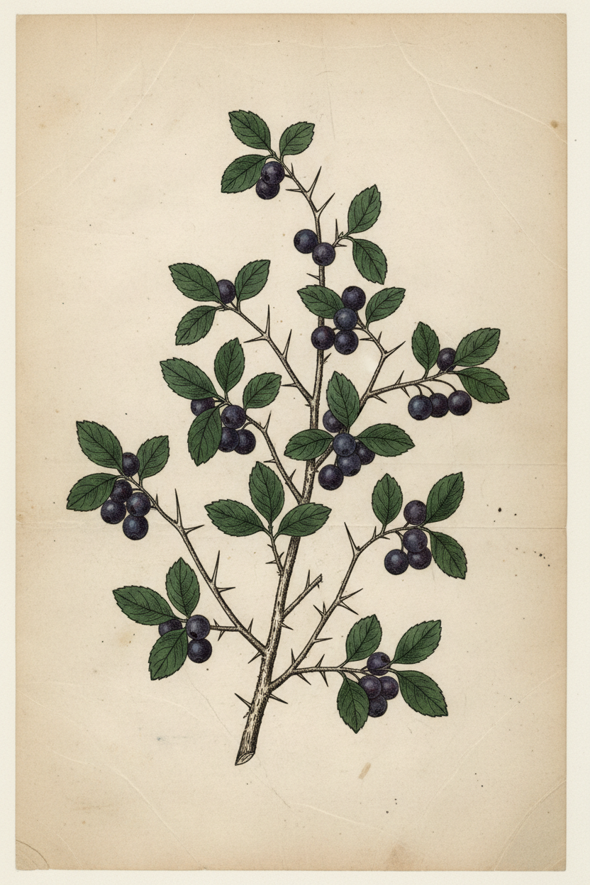 Botanical illustration of Buckthorn (Rhamnus cathartica)