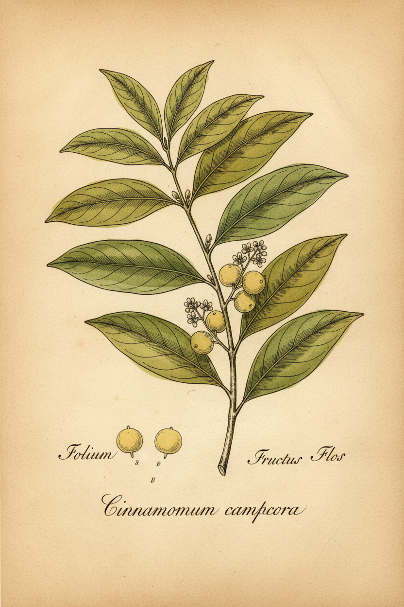 Vintage hand-coloured botanical illustration of Cinnamomum camphora camphor tree branch