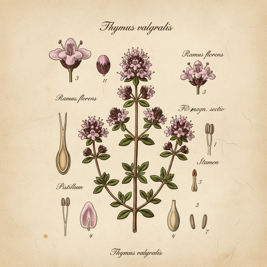 Vintage botanical illustration of thyme (Thymus vulgaris), artist: Nadine Laforet