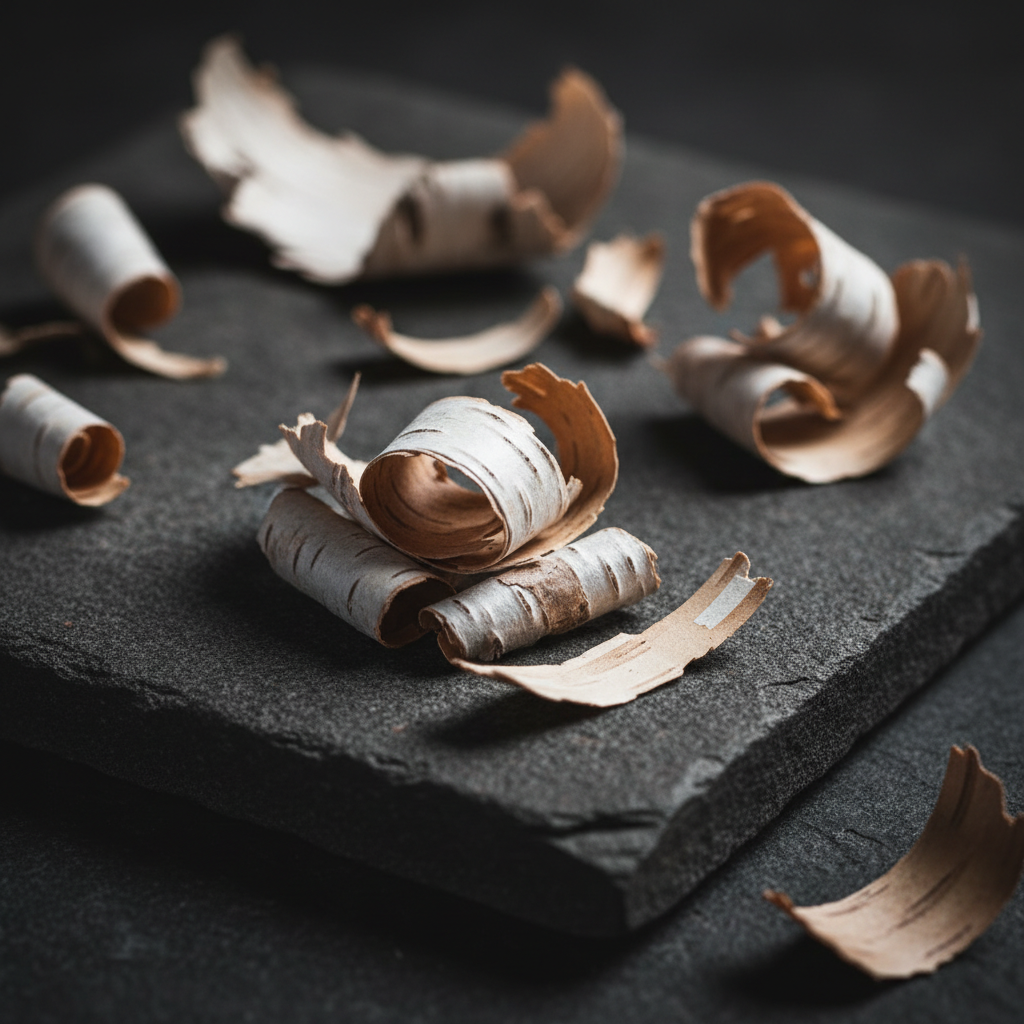 Dried birch bark pieces on a dark gray stone slab