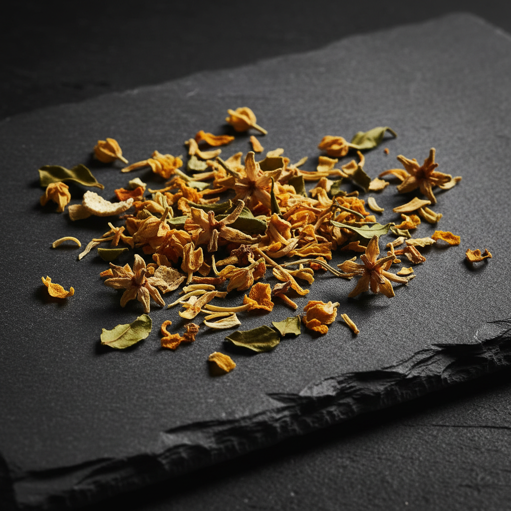 Dried bergamot herb on a dark gray stone slab