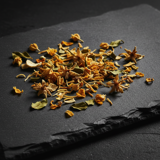 Dried bergamot herb on a dark gray stone slab