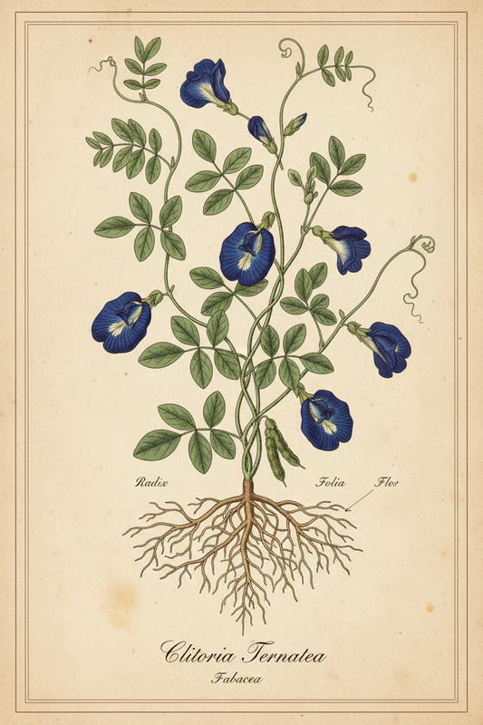 Vintage botanical illustration of Clitoria ternatea butterfly pea flower plant