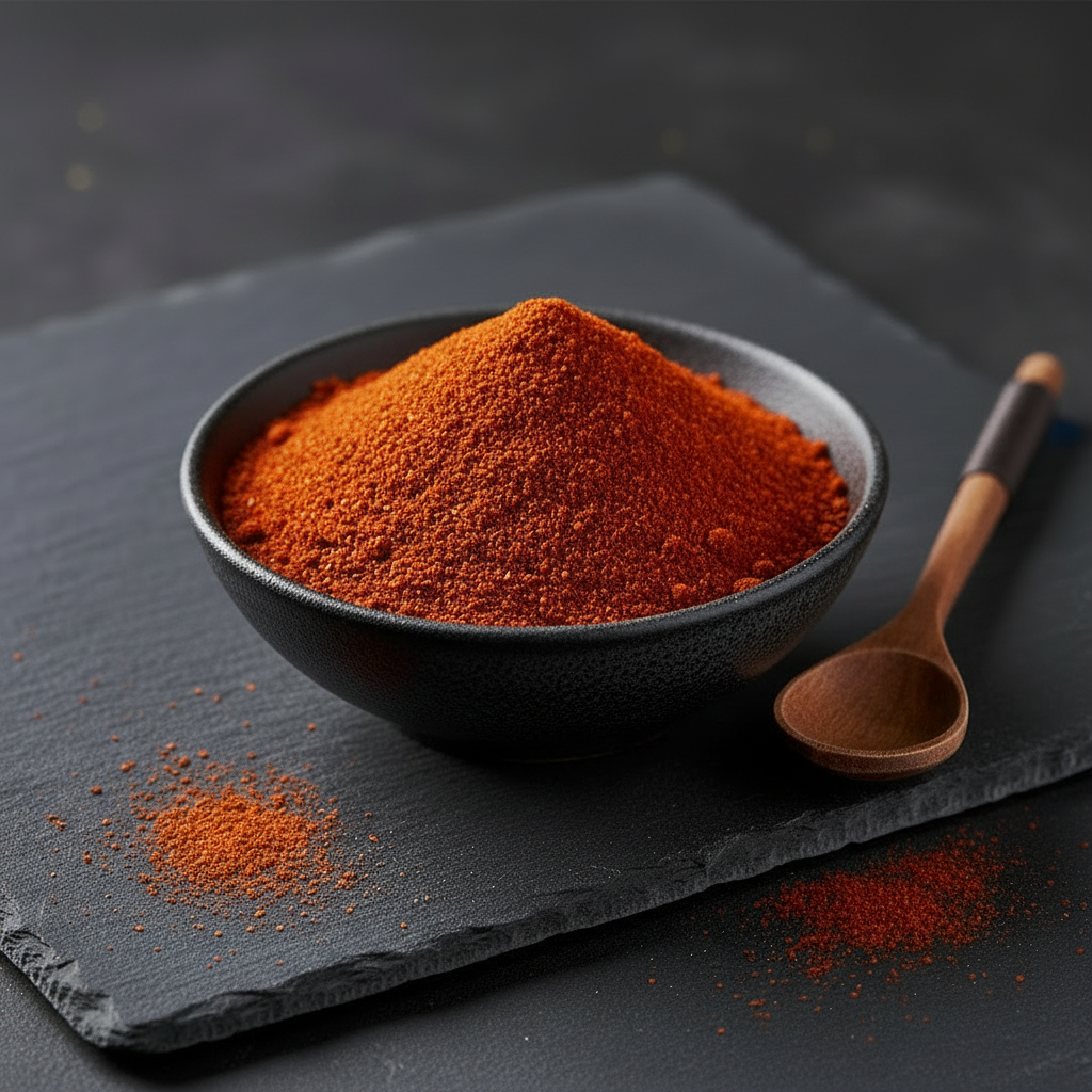 Cayenne powder in dark bowl with wooden spoon on slate