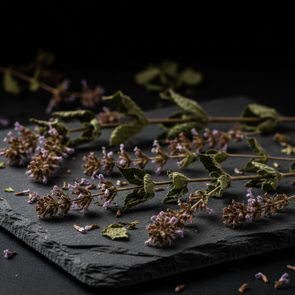 Dried Wood Betony herb on a dark gray stone slab