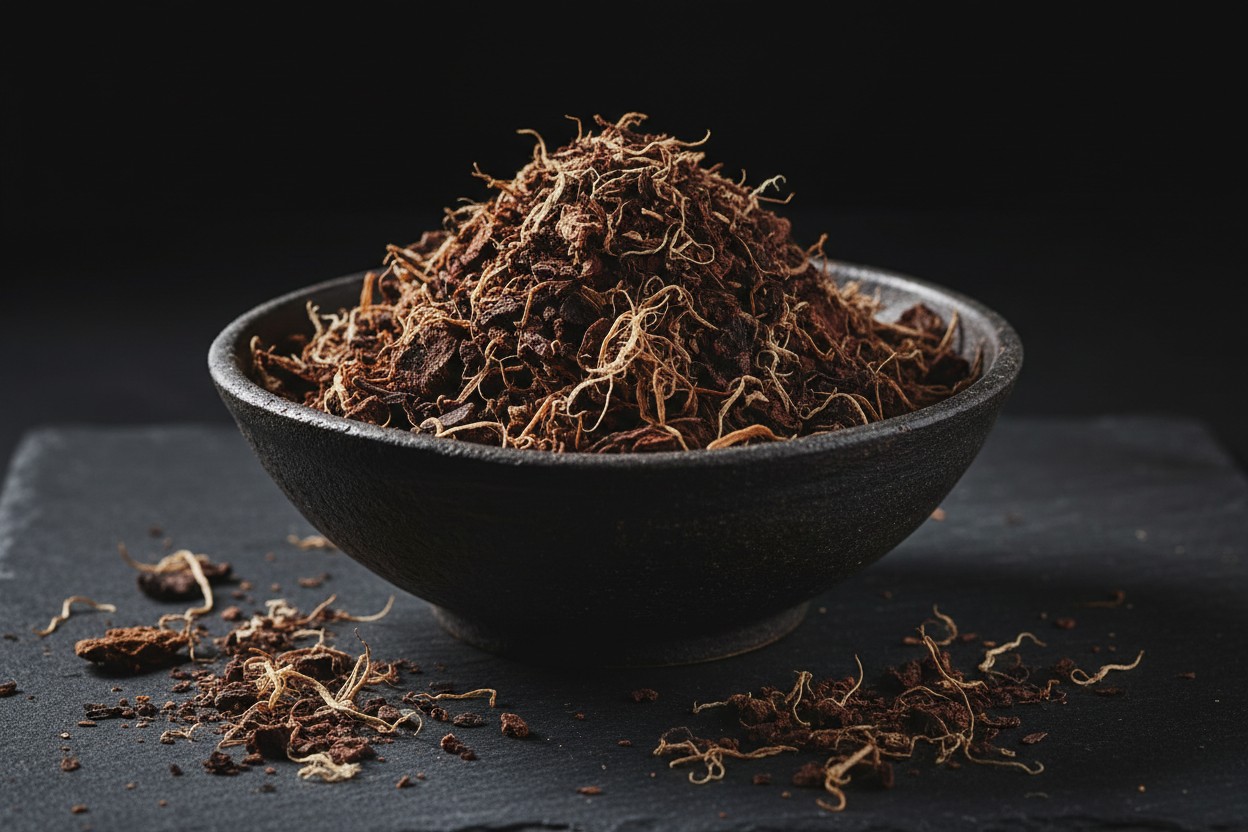 Mulched dried burdock root in a dark ceramic dish on charcoal slate