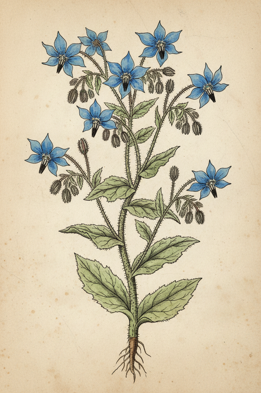 Botanical illustration of Borage (Borago officinalis)