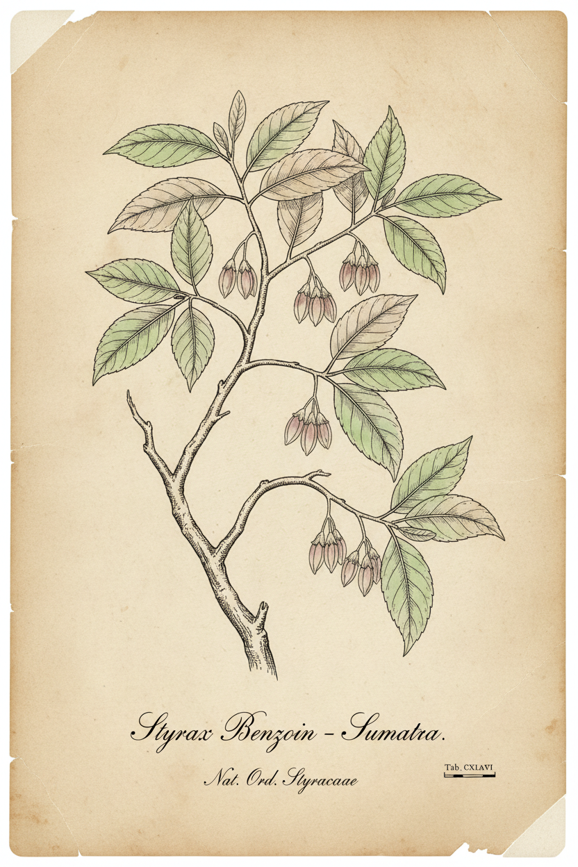 Early 1800s botanical illustration of Benzoin Styrax with flower buds