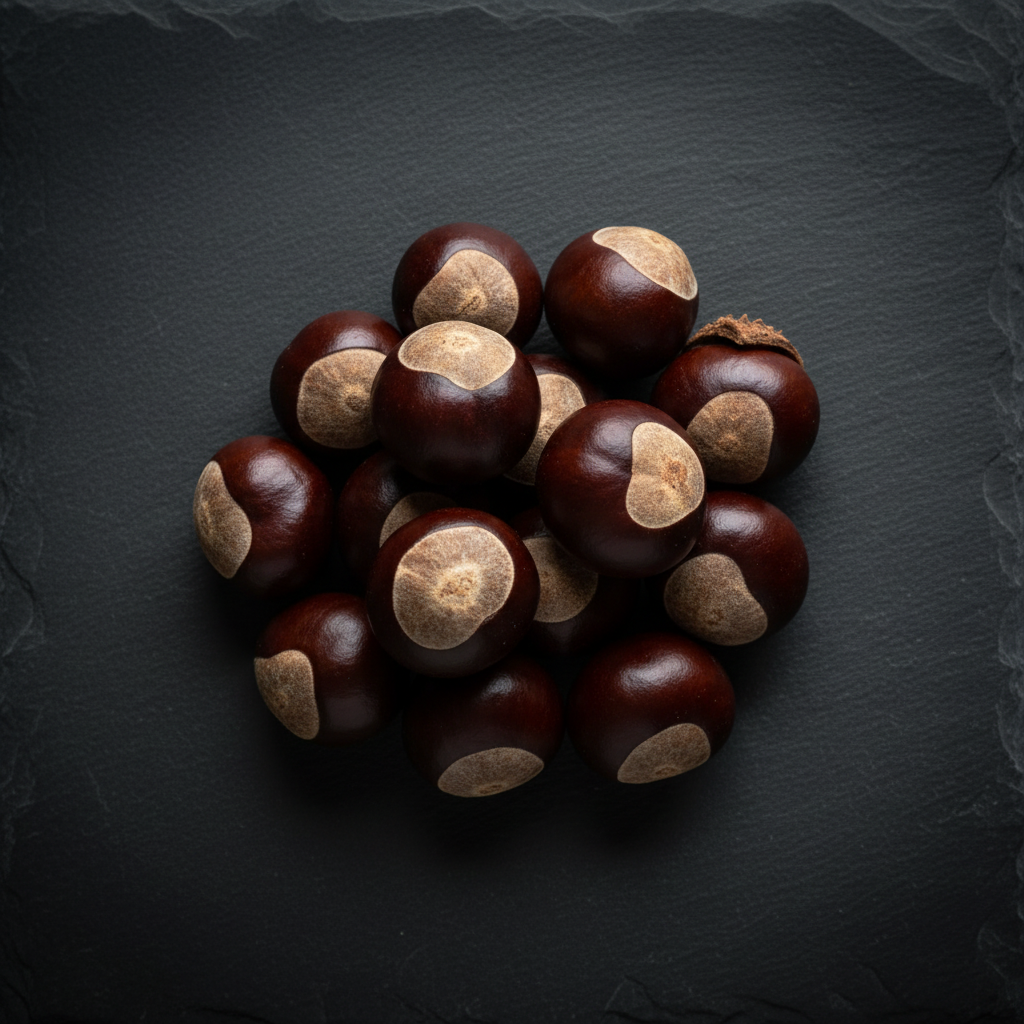 Whole buckeye nuts on a dark gray slate surface