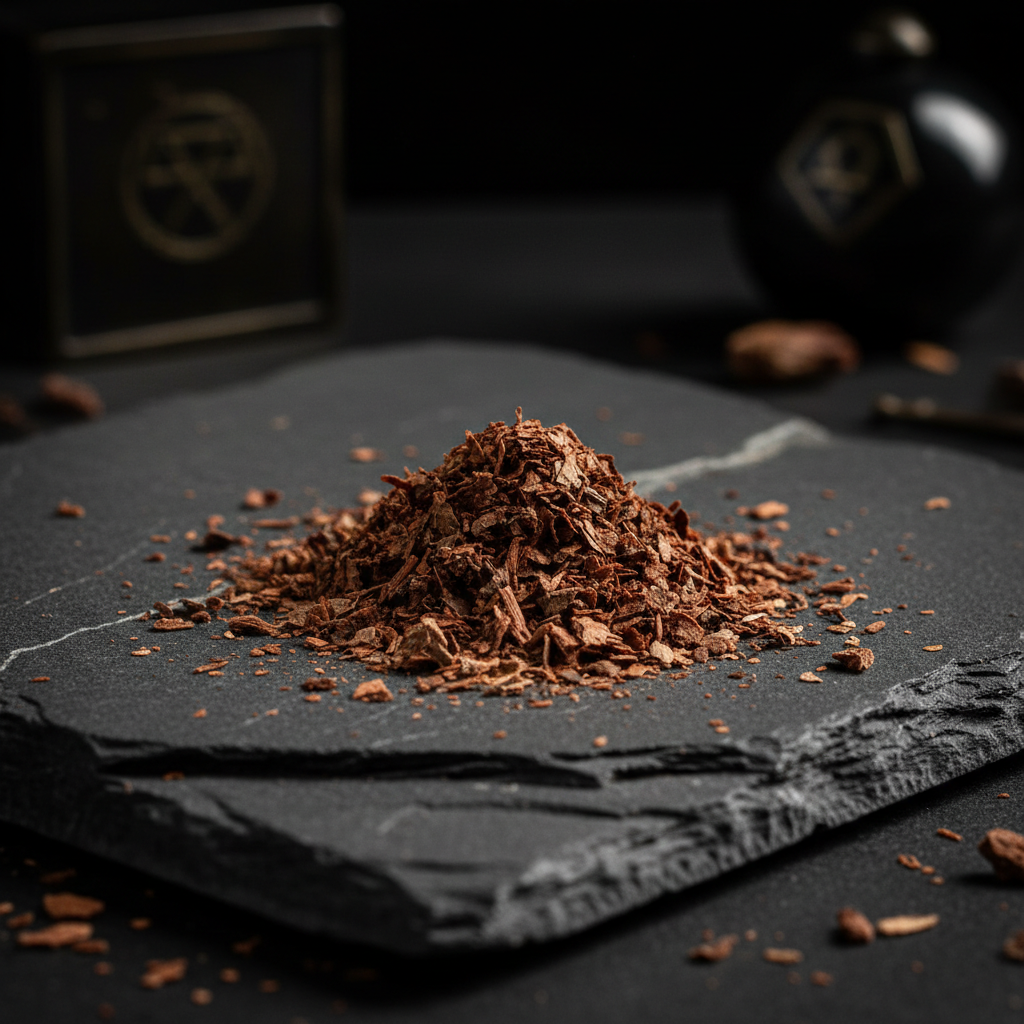 Dried mulched Uva Ursi bearberry herb on a gray stone slab