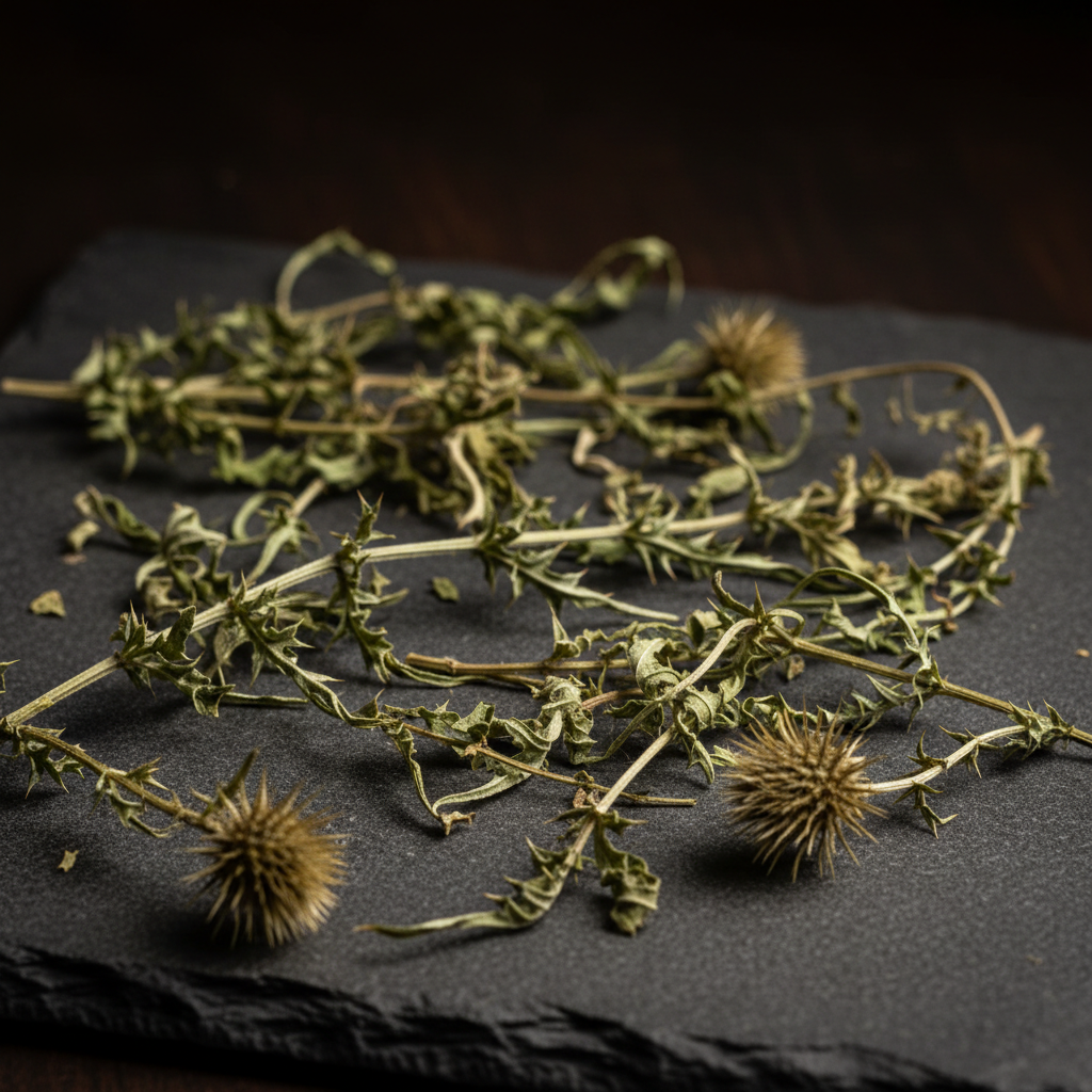 Dried blessed thistle herb on a dark gray stone slab