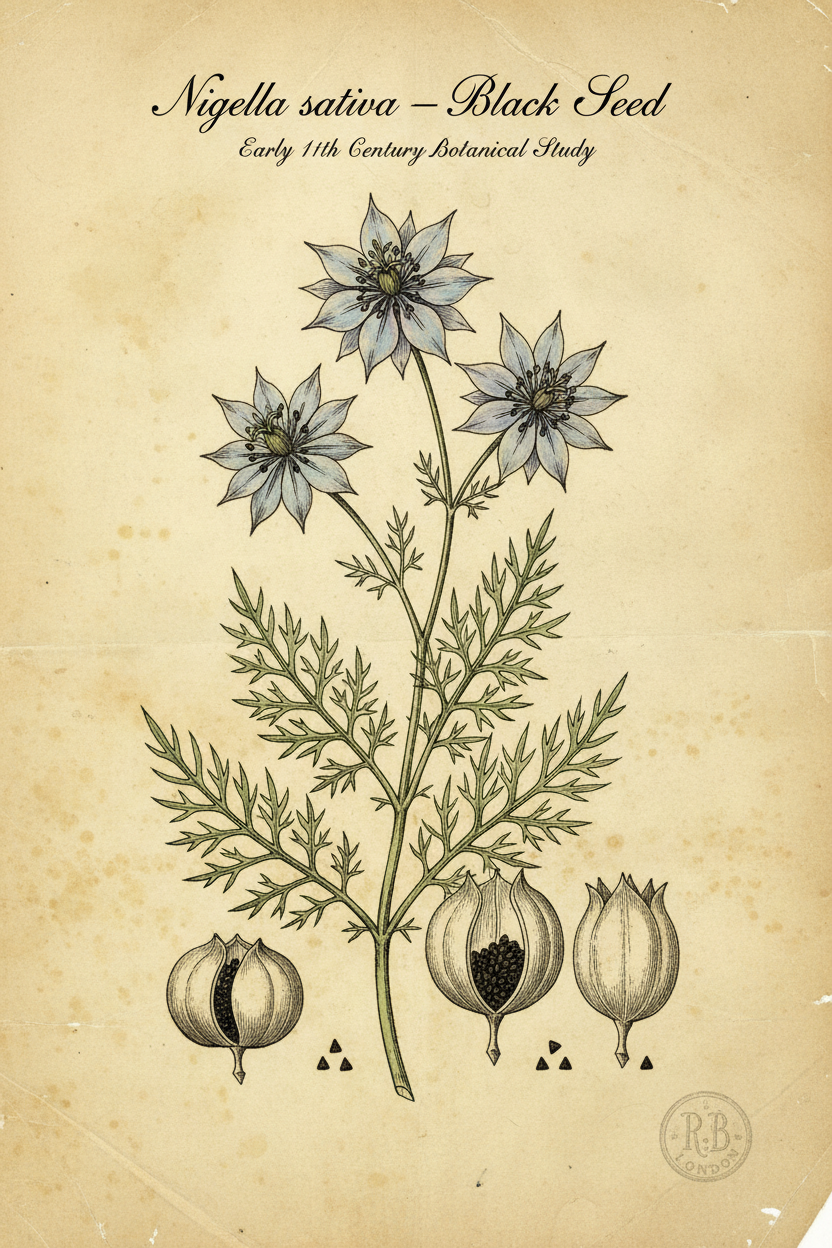 Botanical illustration of Black Seed (Nigella sativa)