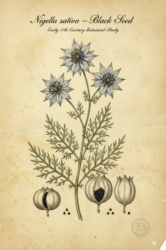 Botanical illustration of Black Seed (Nigella sativa)