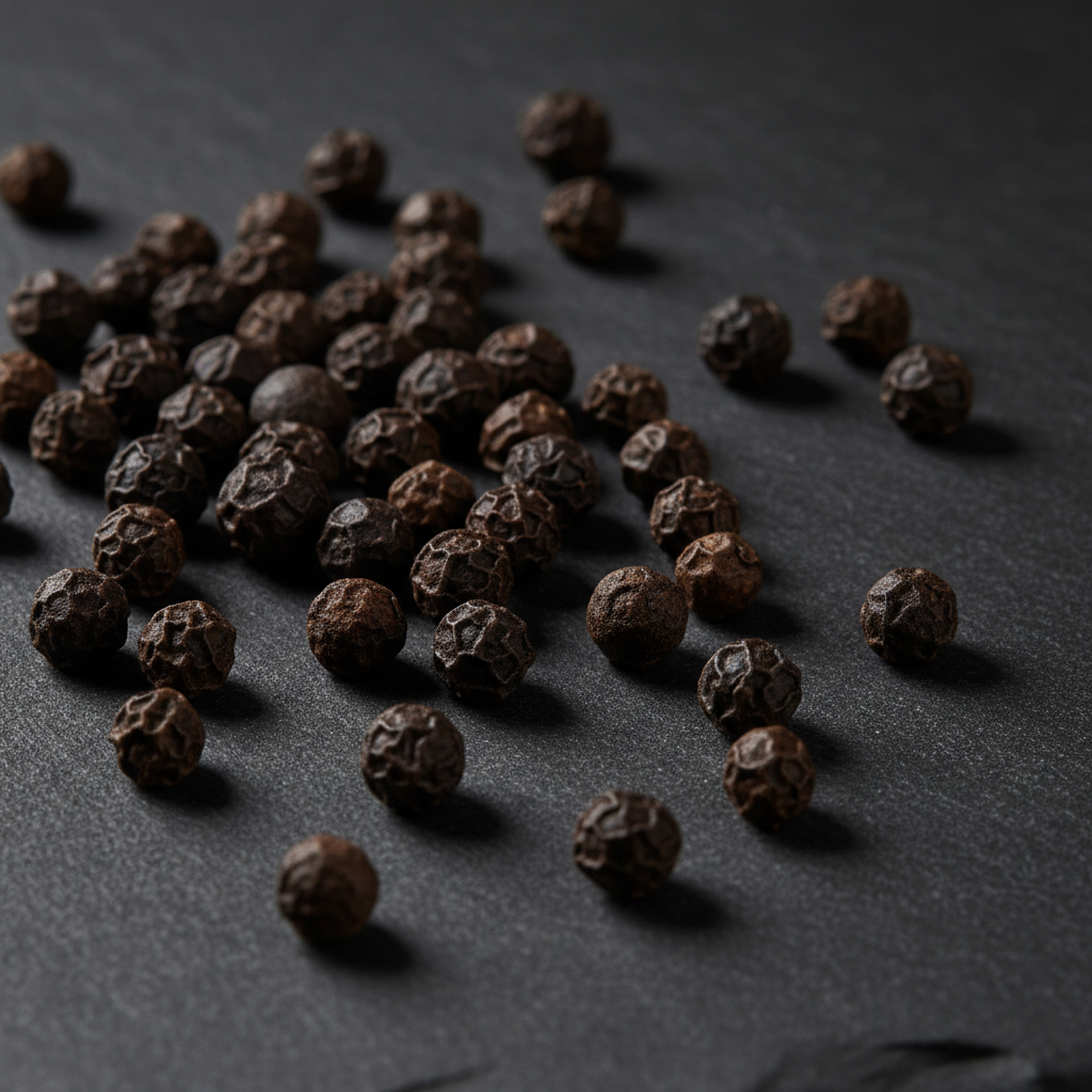 Whole black peppercorns on a dark gray stone slab