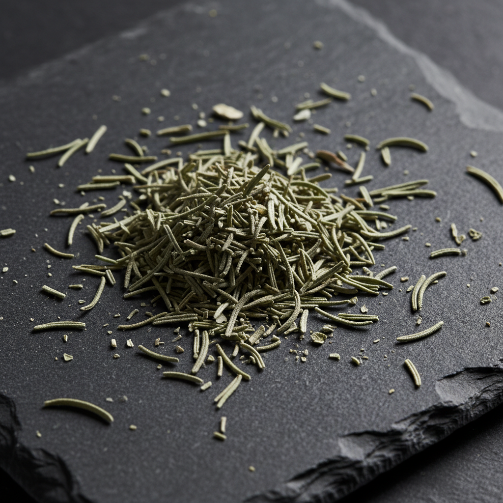 Dried rosemary herb on dark gray slate tile