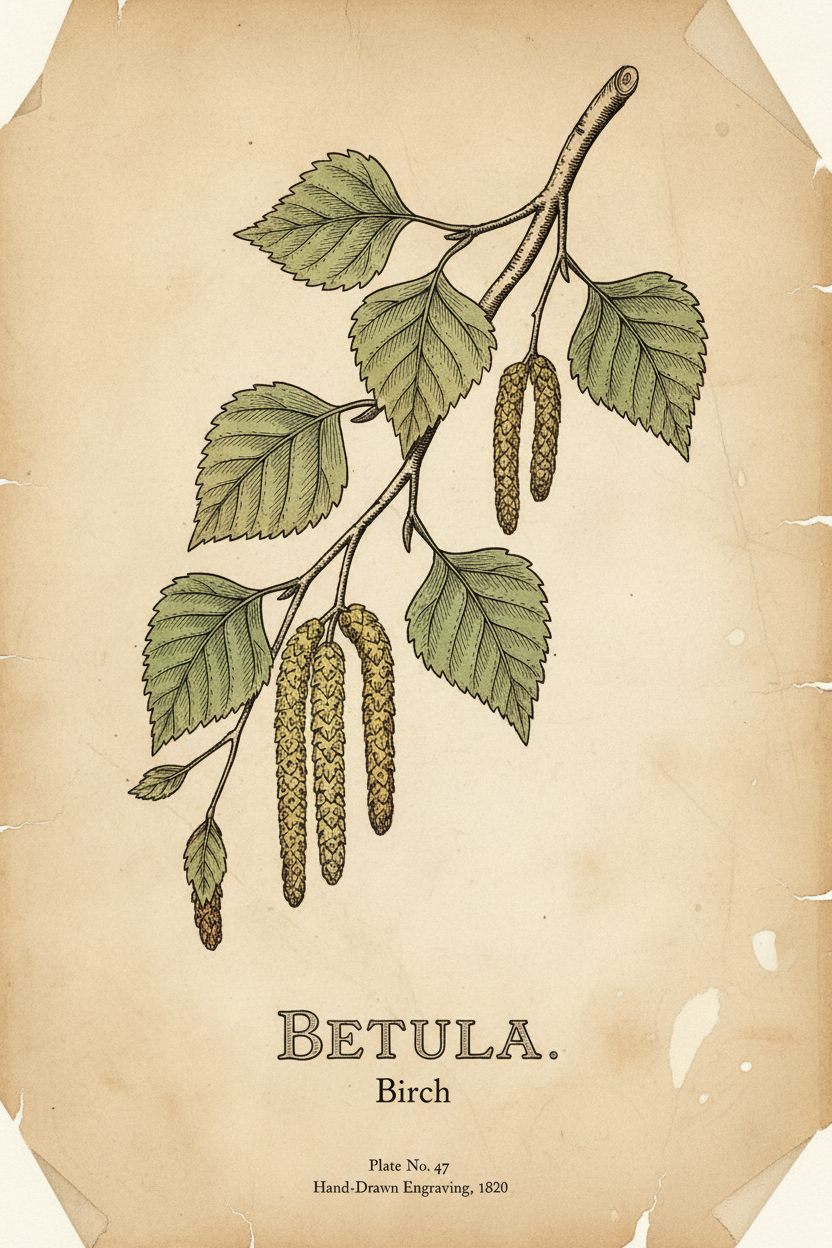 Early 1800s botanical illustration of Birch tree