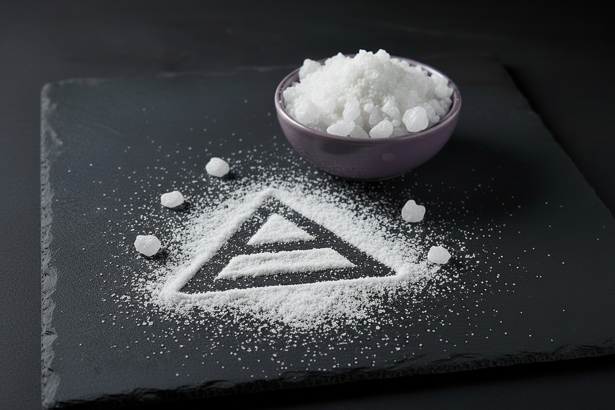 White camphor powder in a lavender dish with Air elemental symbol drawn in loose powder on dark slate