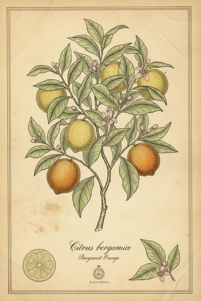 Early 1800s botanical illustration of Bergamot citrus