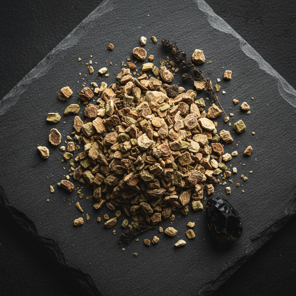 Dried Blue Flag root pieces on a dark stone slab
