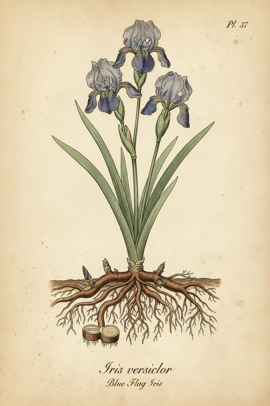 Botanical illustration of Blue Flag iris (Iris versicolor)