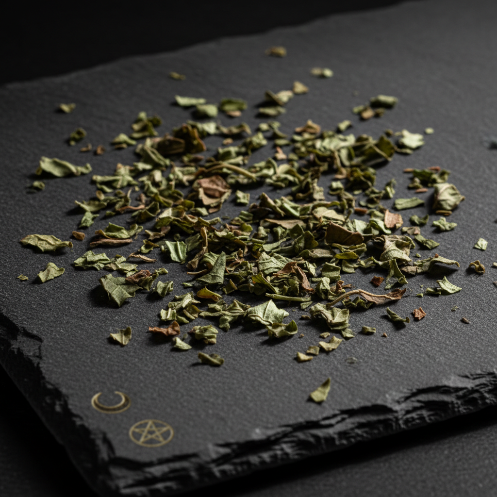 Dried basil leaves on a dark gray stone slab