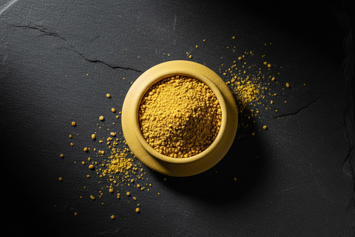 Bee pollen powder in a yellow ceramic dish on dark charcoal slate tiles