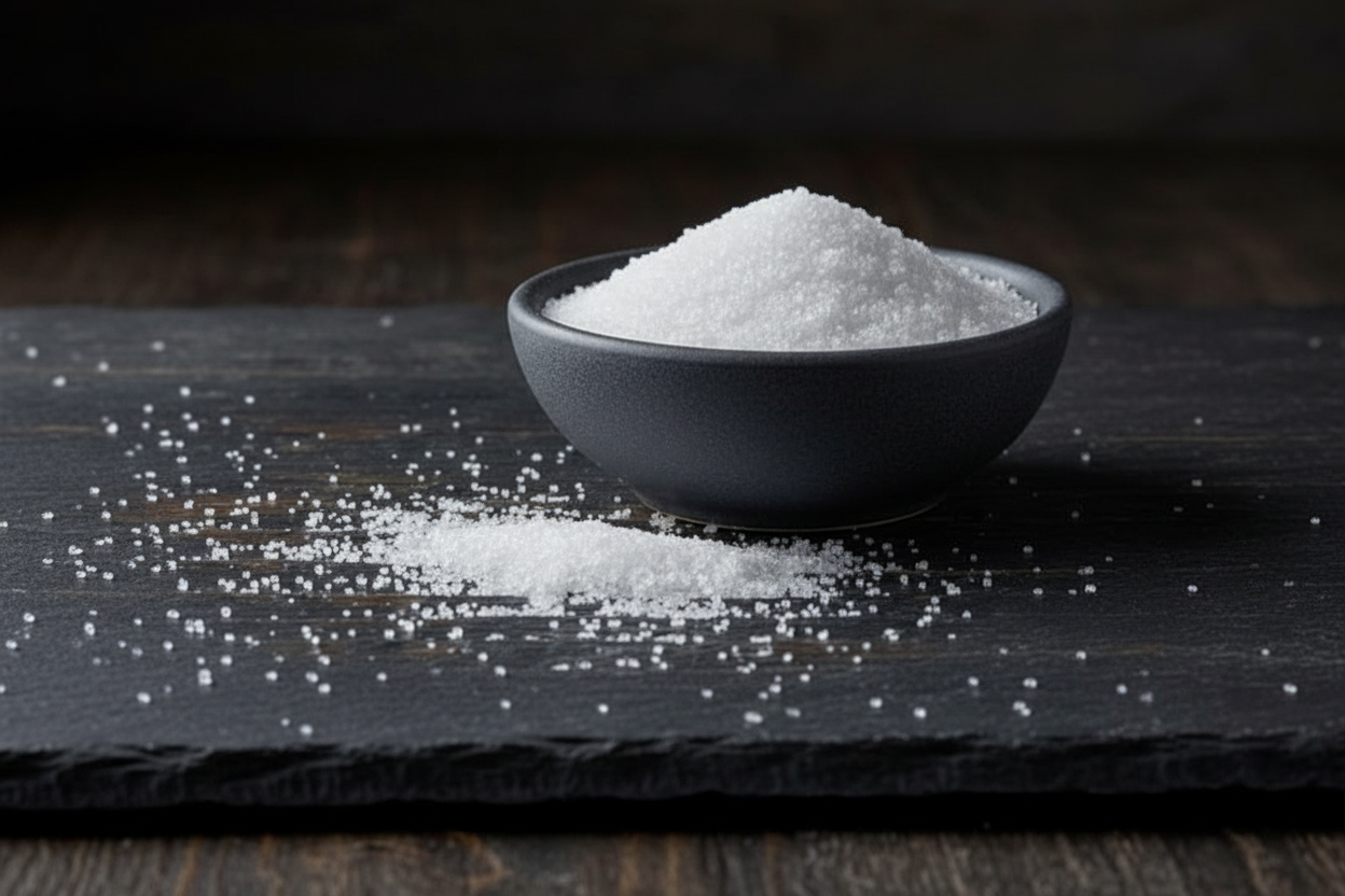 Alum powder in a dark ceramic dish on charcoal slate tiles