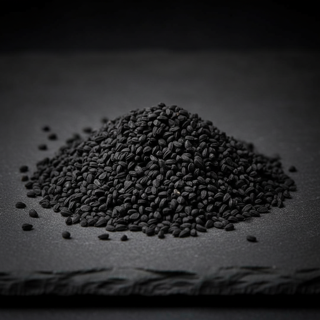 Black Seed (Nigella sativa) seeds on a dark stone slab