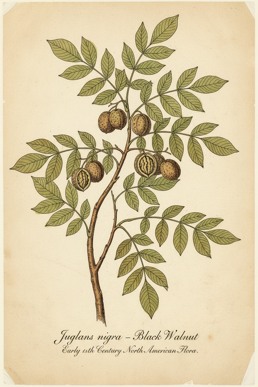Early 1800s botanical illustration of Black Walnut tree