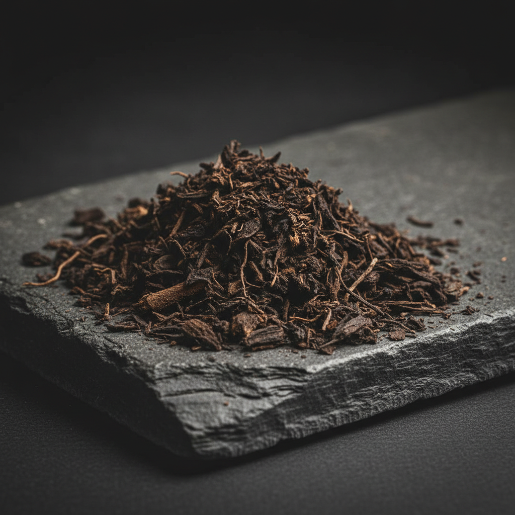 Dried black cohosh root on a dark gray stone slab