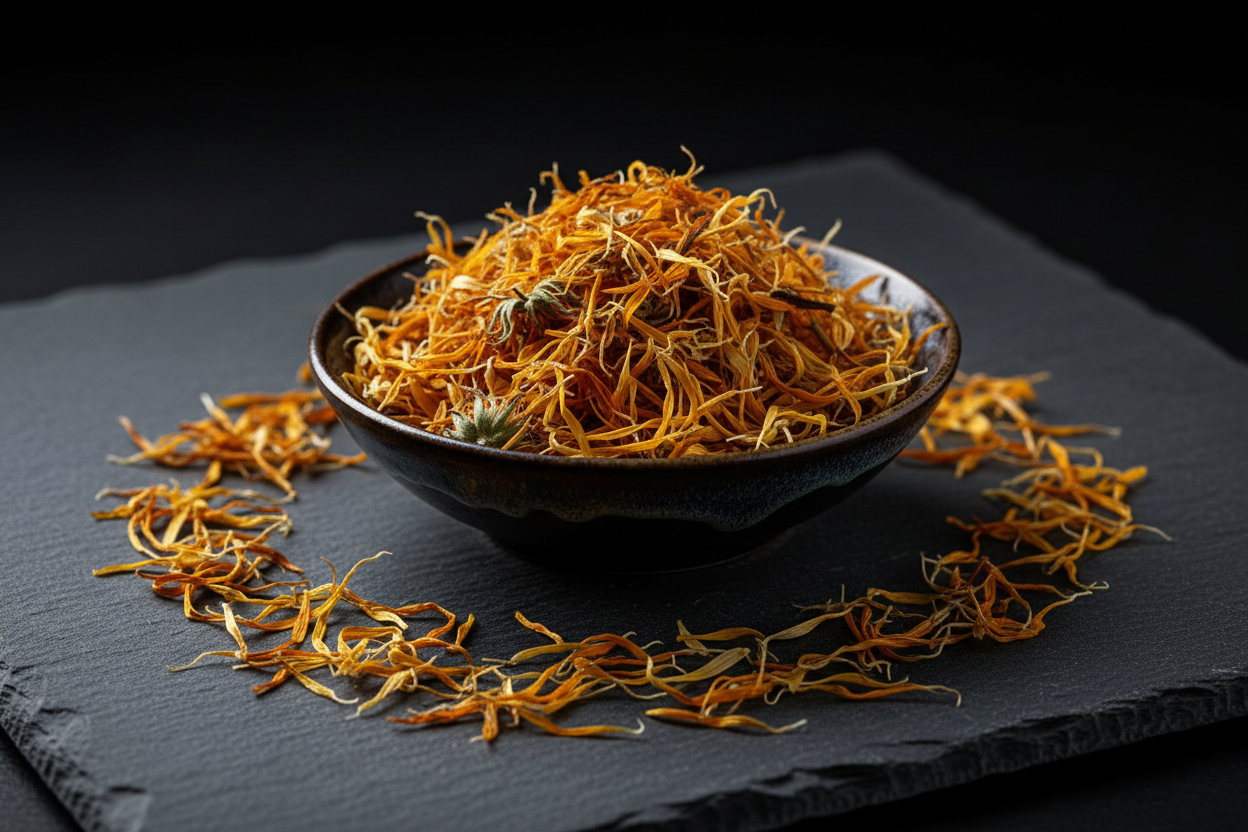 Dried orange and golden calendula petals in a dark ceramic dish on charcoal slate tiles