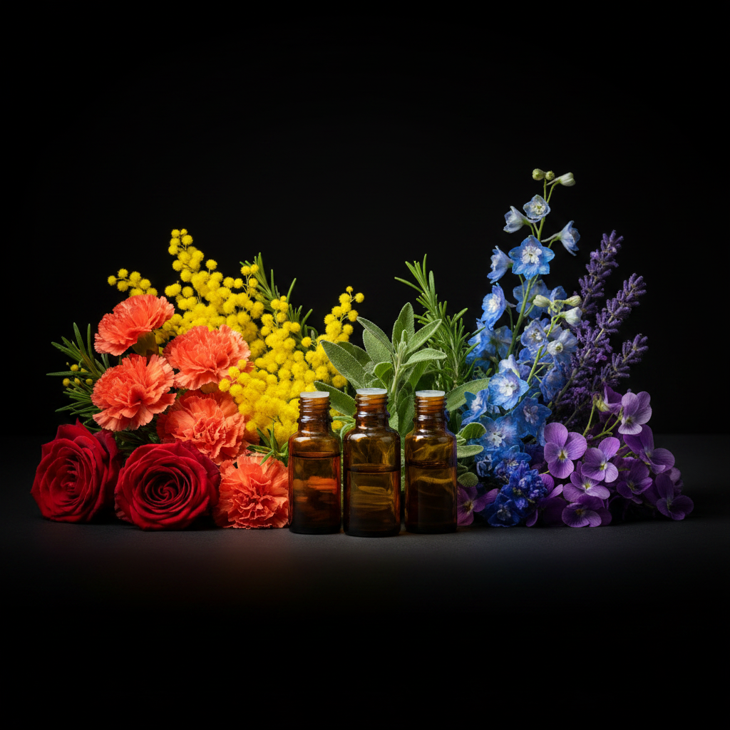 Three amber ritual oil bottles surrounded by a rainbow arc of flowers on a black background