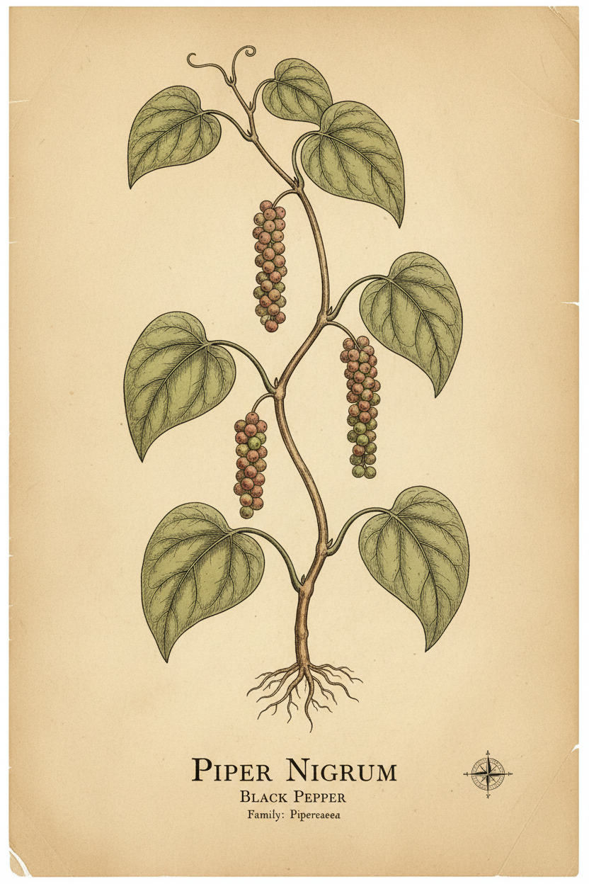 Early 1800s botanical illustration of Black Pepper vine